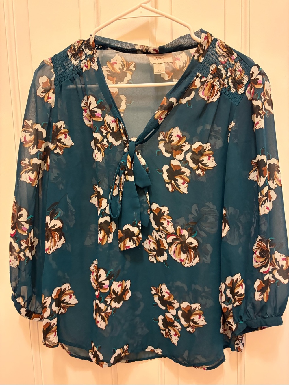 LOFT Teal Floral Tie-Neck Blouse with Smocked Shoulders